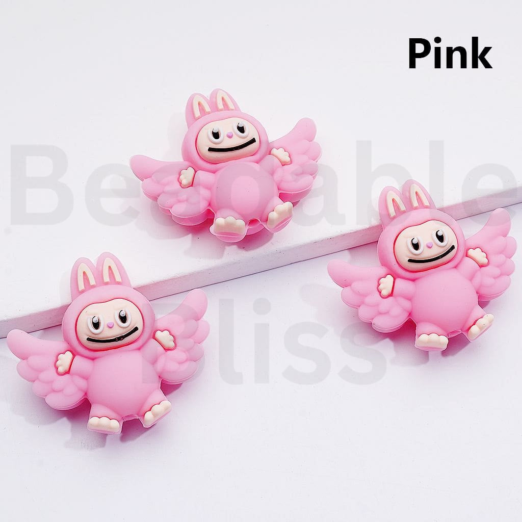 3D Pink White Cute Labub with Wings Silicone Focal Beads