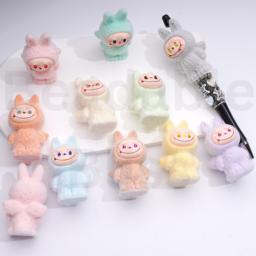 Flocked Labub Monster with Wings Po Mar Style Acrylic Pen Topper Beads Solid Colors 56×34MM