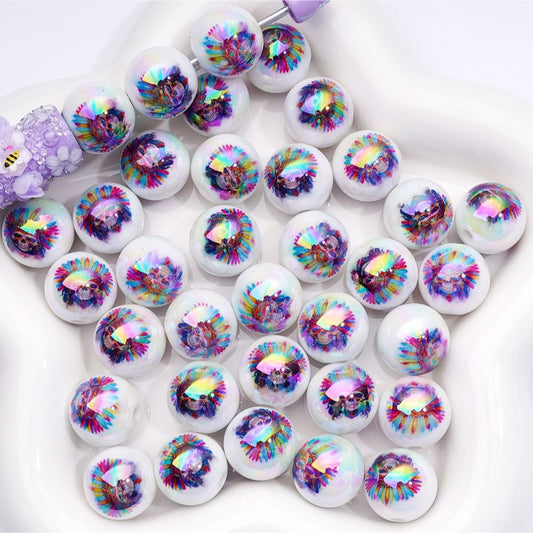 Halloween Skeleton Skull with Colorful Feathers UV Coated Acrylic Beads 16MM