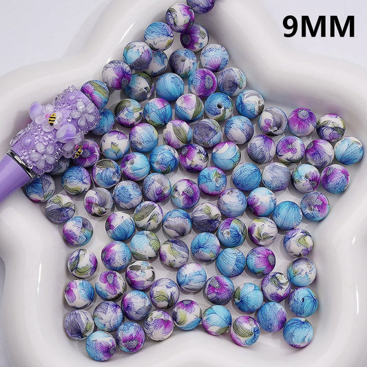Green Leaves Purple Blue Flowers Pattern Printed Silicone Beads, 9MM, Number Z-00257