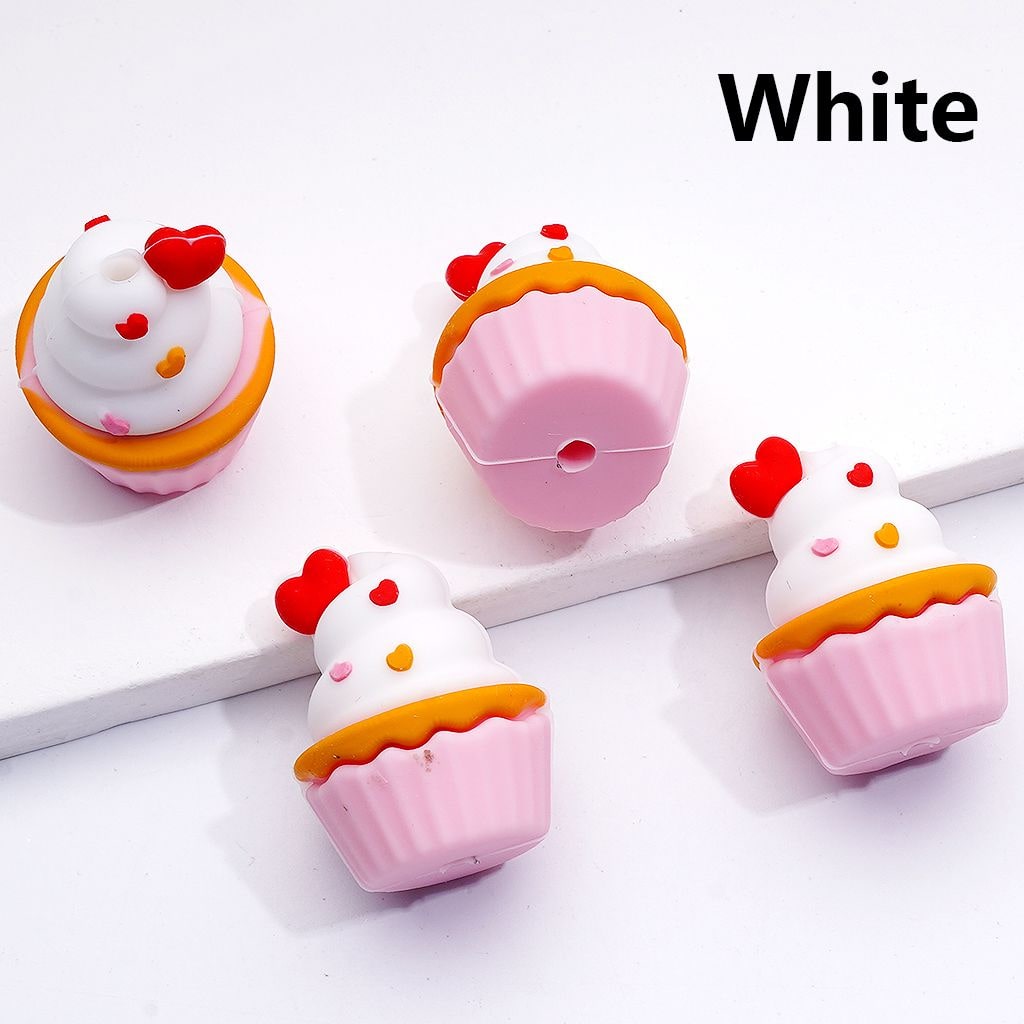 Multi-Color 3D Cute Ice Cream Cake Cup with Red Heart Silicone Focal Beads