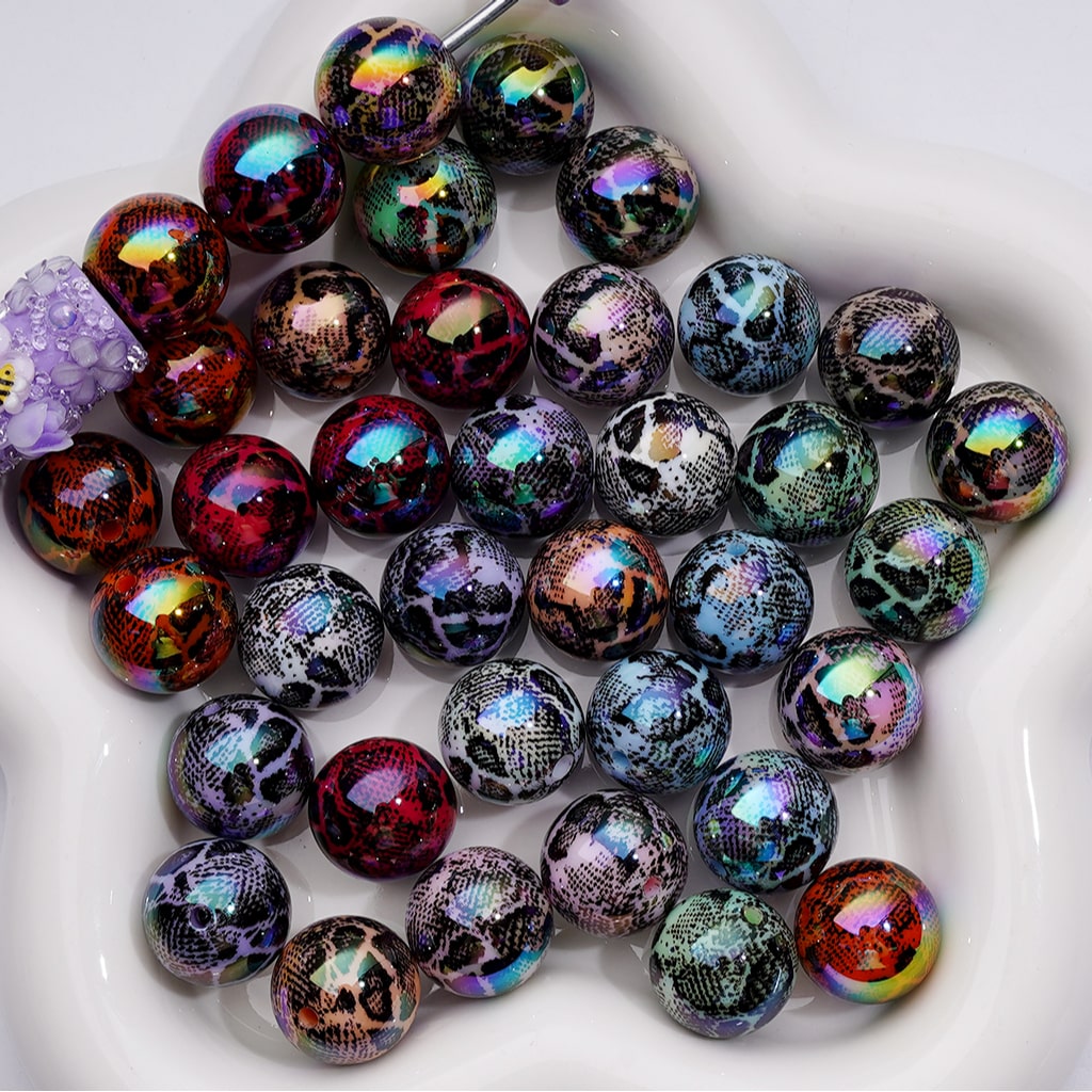 UV Coating Black Spots Prints Abstract Irreugal Round Acrylic Beads in Solid Color, 16MM