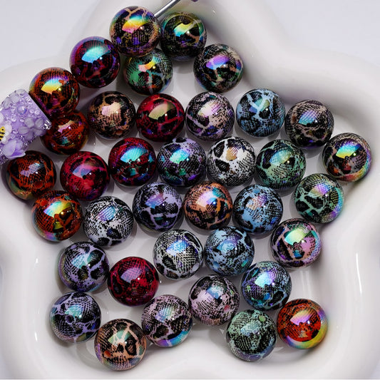 UV Coating Black Spots Prints Abstract Irreugal Round Acrylic Beads in Solid Color, 16MM