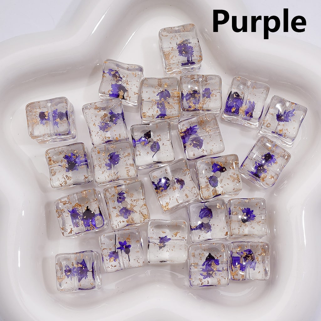 Multi-Color Clear Cube Square Acrylic Beads 14–15MM Dried Flowers Gold Foil Paper Inside (Single Color is available for 200pcs Whole bag)