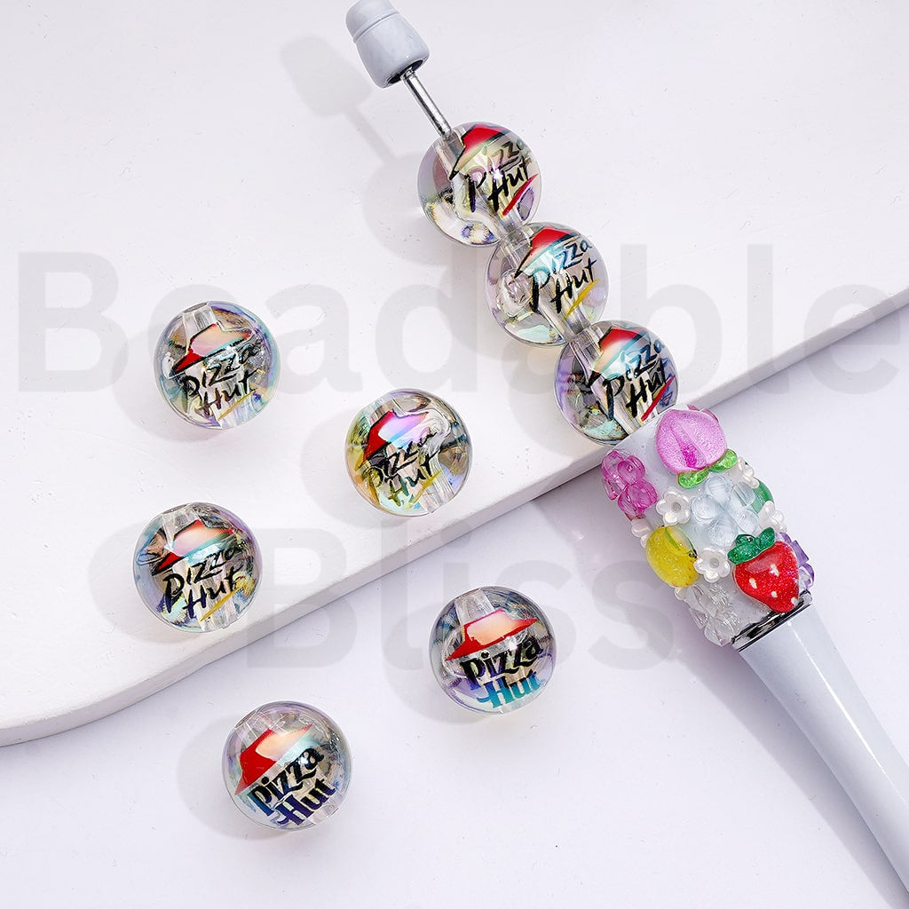 UV Coating Clear Pizzahu Round Acrylic Beads, 16MM, Random Mix