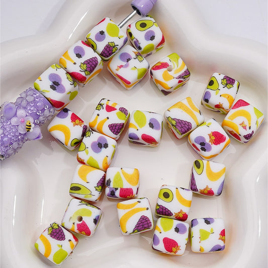 Banana Grape Strawberry Avocado Vivid Fruits Printed Cube Square Silicone Beads, 14MM