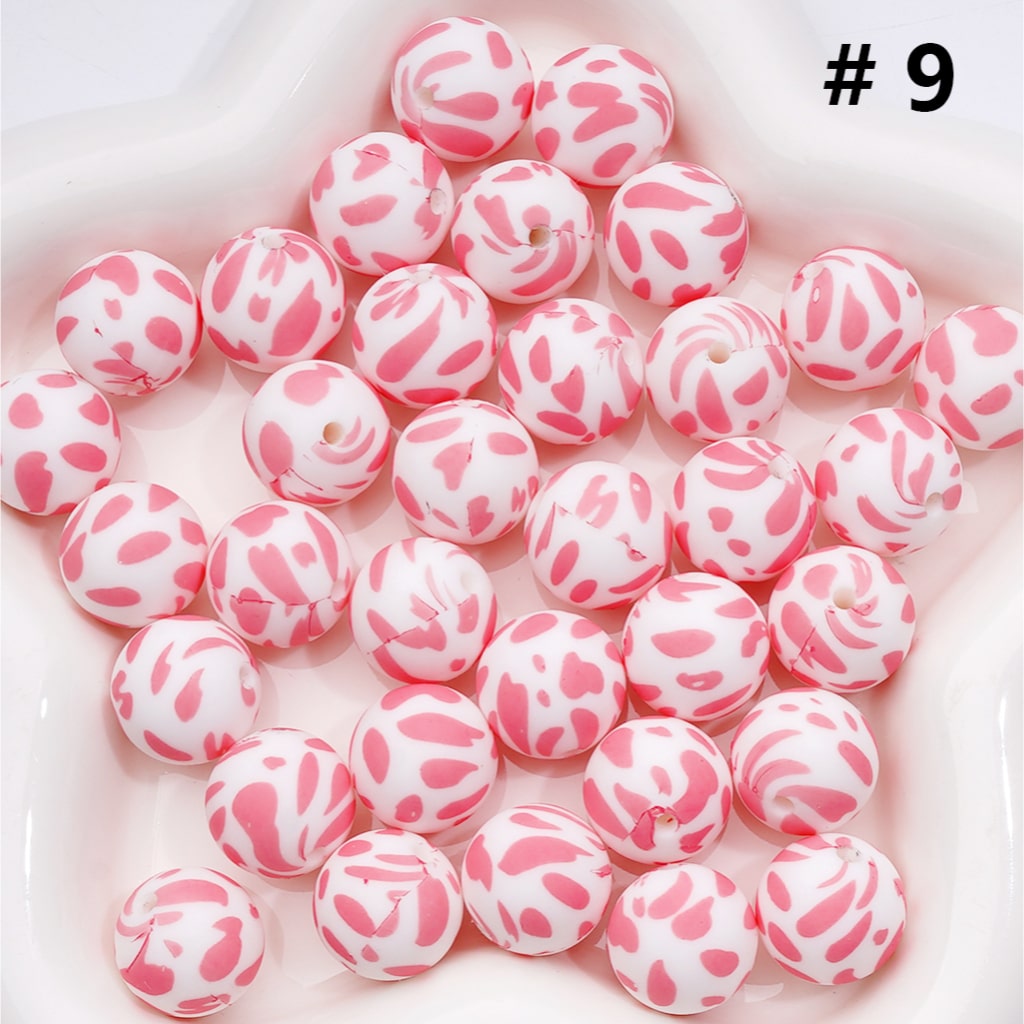Cow Print Multicolor Design Style Z-00276 Silicone Beads 15MM