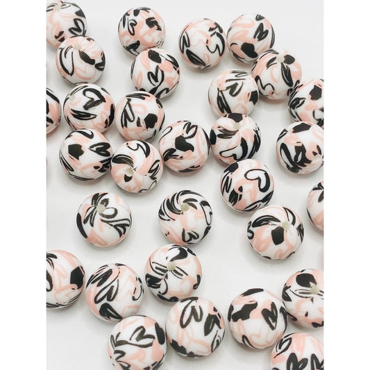 Round Heart Printed Silicone Beads Number 401