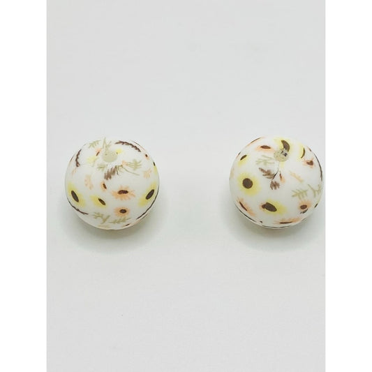Flower Printed Sunflower and Leaf Silicone Beads, Number 408