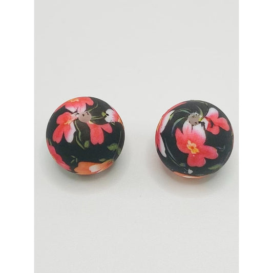 Black Silicone Beads with Red Flower Print, Number 309