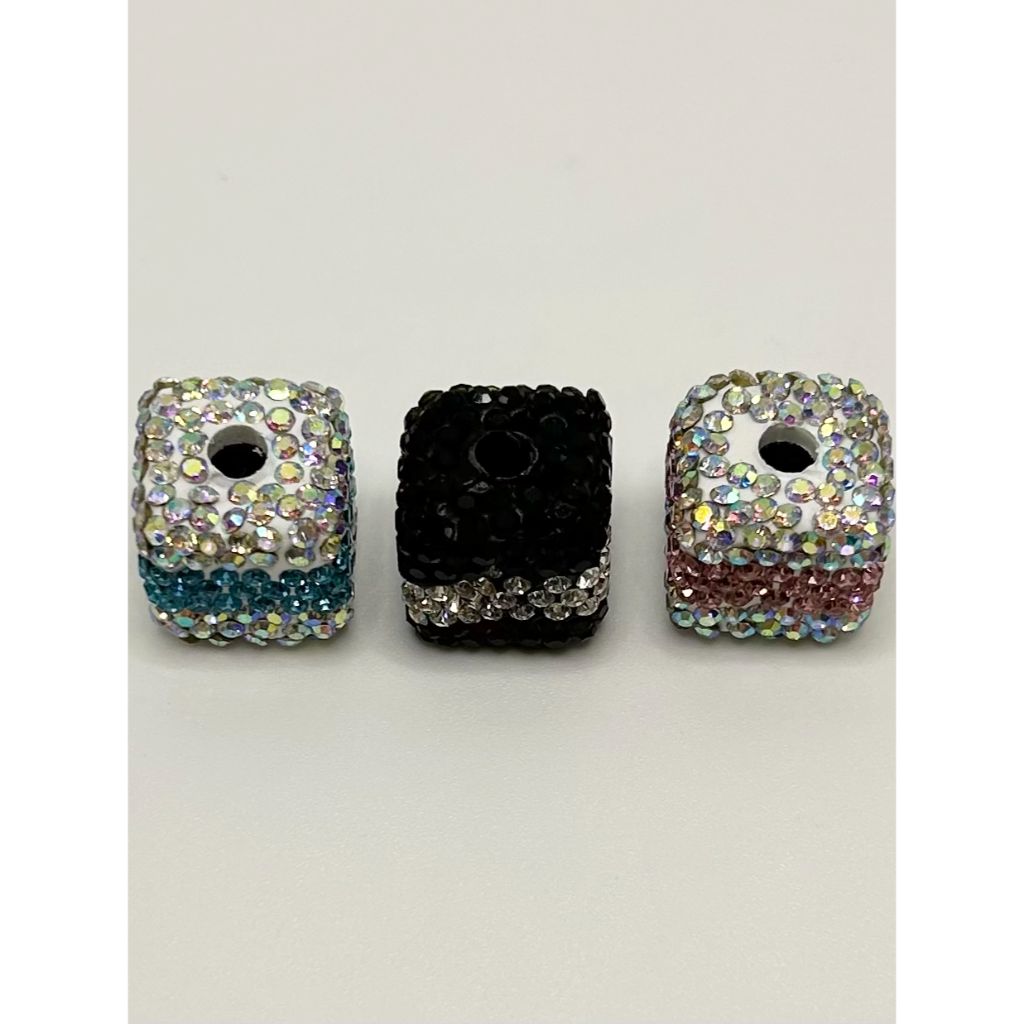 Clay Beads Striped Cube with Rhinestones, Random Mix 14mm