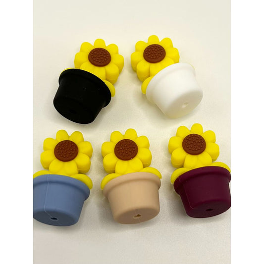 Sun Flower Beads in a Pot Shape, Sunflower Silicone Focal Beads