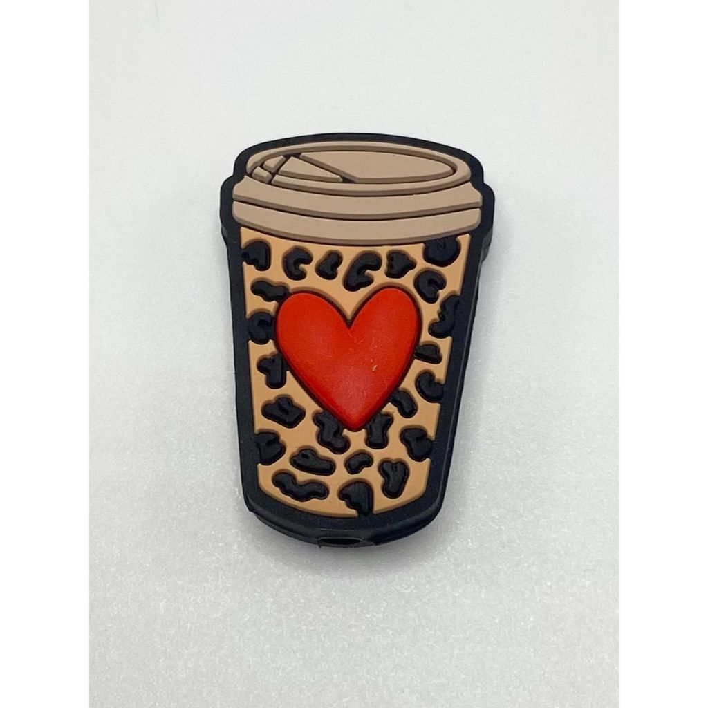 Coffee Cup Leopard Print with Heart Silicone Focal Beads