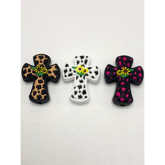 Sunflower Cow Print with Cross Beads, Christianity Religious Silicone Focal Beads