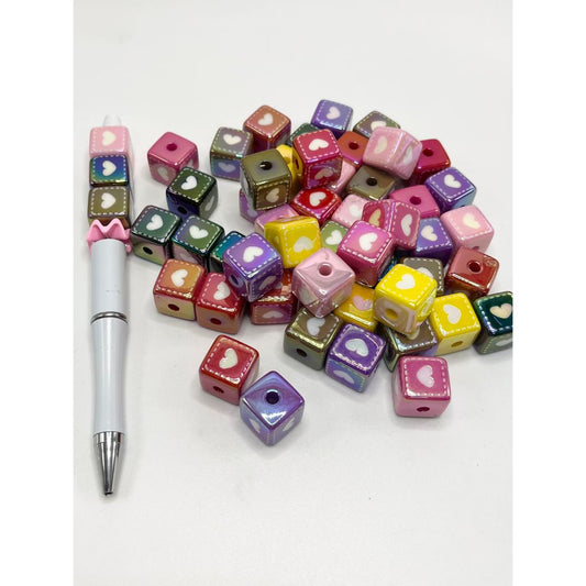 Cute Cube Acrylic Beads with Heart & Stripe, 15mm, WQ