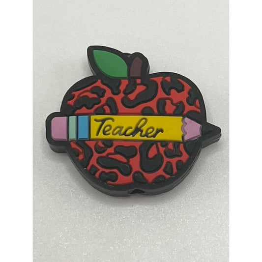 Red Teacher Apple Jaguar Print Pencil Silicone Focal Beads