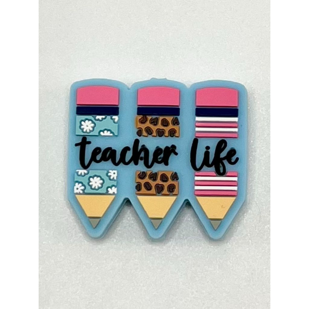 Teacher Beads, ''Teacher Life'' Text Printed Silicone Focal Beads with Pencil Design