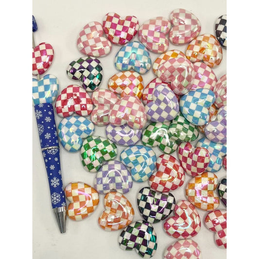 Heart Checkered Plaid Pattern Acrylic Beads, WQ