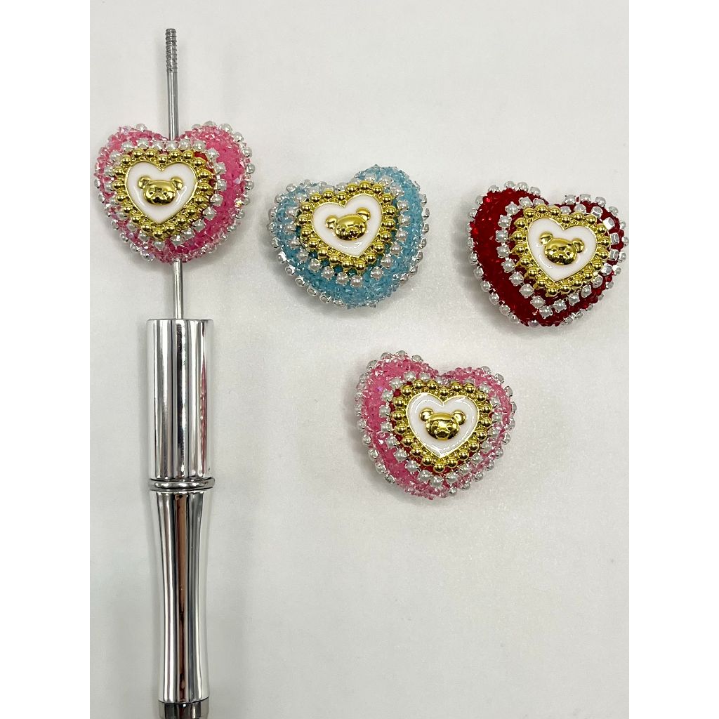 Gold Bear & Chain Sugar Heart Acrylic Beads, Random Mix Color, MG