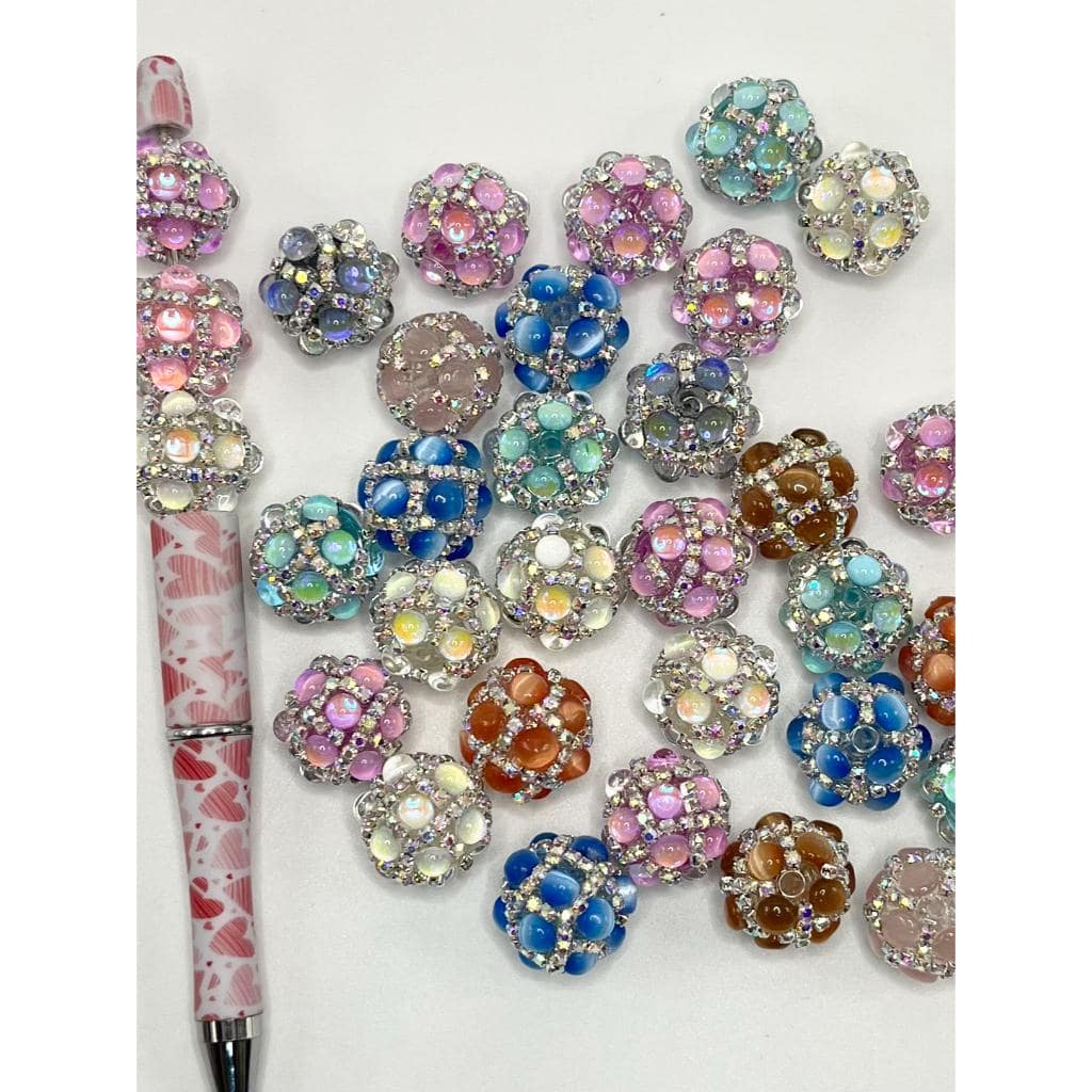 ZY Acrylic Beads with Rhinestones and Flatback Cat Eye Pearl Chain, Random Mix Color