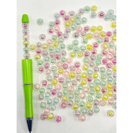 Shiny Round Pastel Double Layer Acrylic Beads, 8mm Can Fit Pen, Random Mix Color, ZA