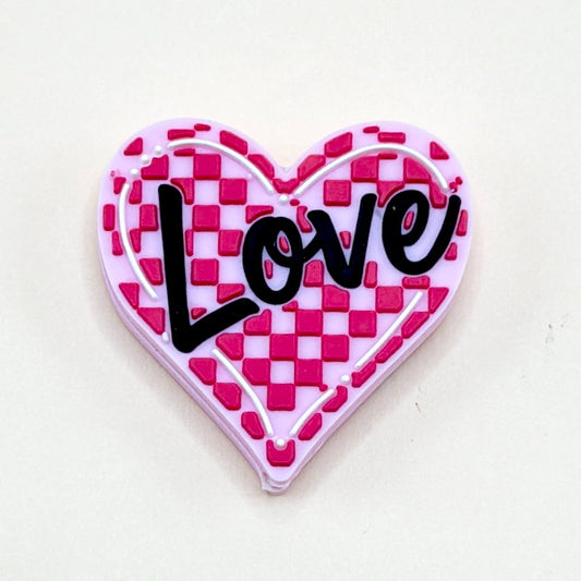 Heart Love Pink Checkerd Valentines Silicone Focal Beads