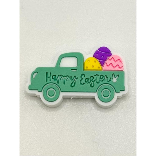 Happy Easter Text on Car Easter Egg Beads for making Easter Pencils, Silicone Focal Beads