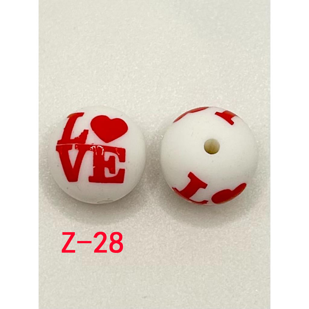 Red Love  Letter with White Beads Printed Silicone Beads, 15mm