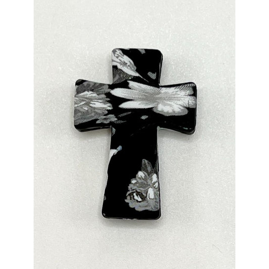 Religious Cross with Black & White Flower Printed Silicone Focal Beads
