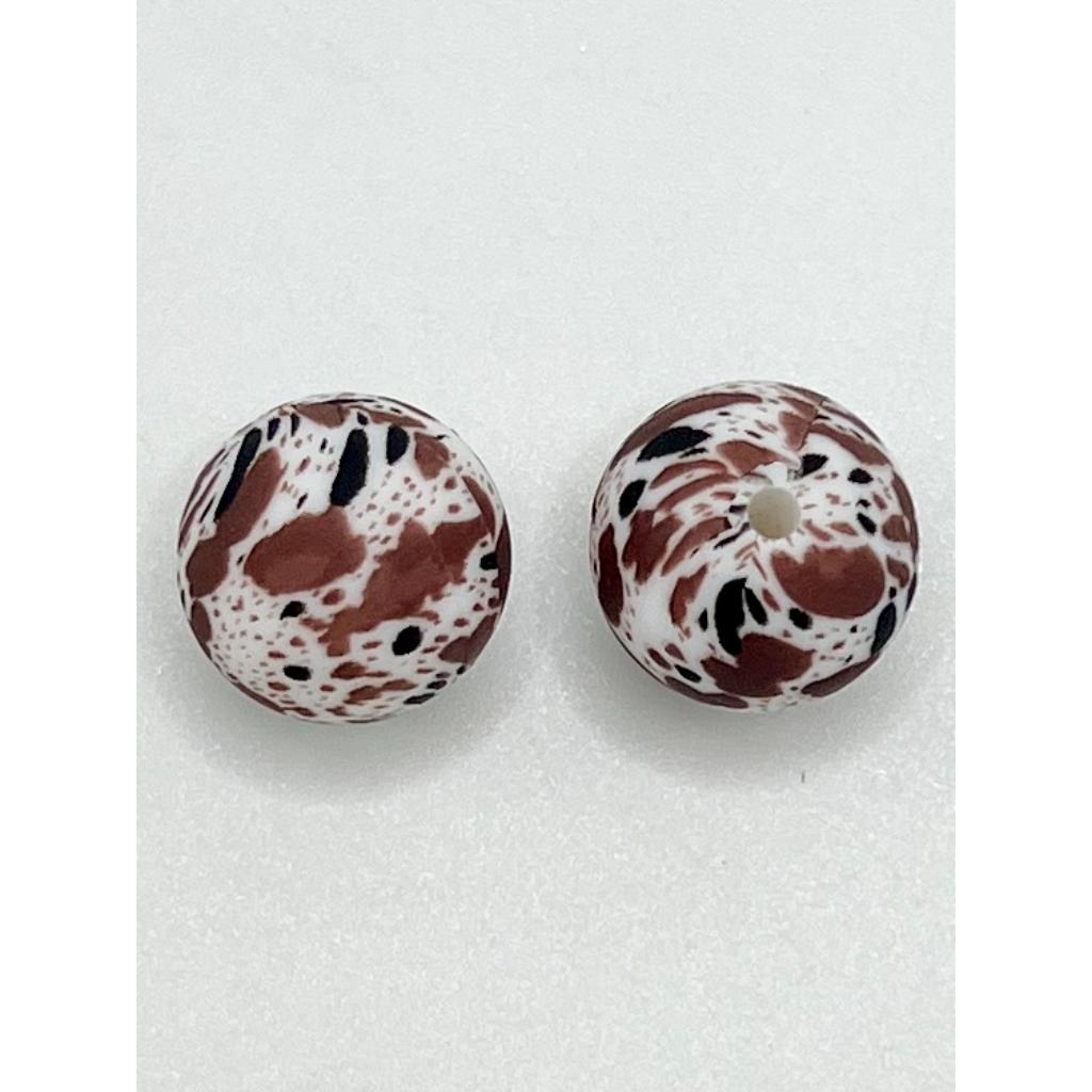 Round Brown Splatter Spots Printed Silicone Beads, 15mm