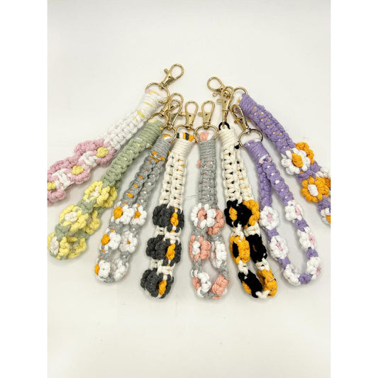 Knit Wrist Strap Keychain Holder with 6 Flowers, Anti-lost, 19cm, GY