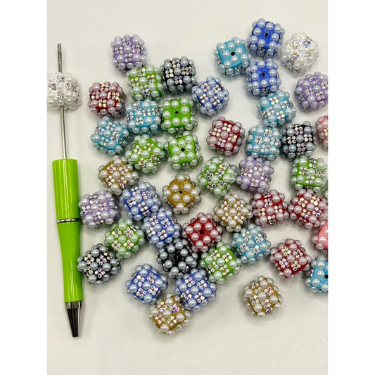 Rhinestones and Flat Back Pearls Square Cube Clay Beads, 16mm, Random Color Mix - ZY