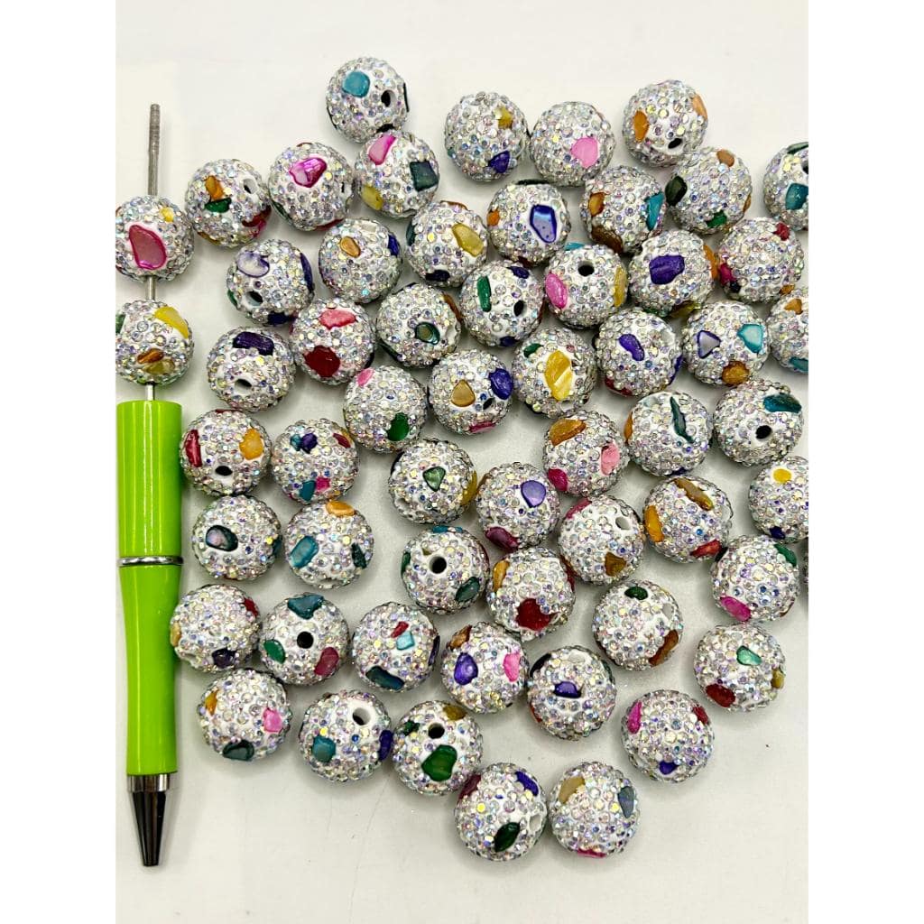 ZY White Clay Beads, Round Shape, Decorated with Rhinestones, 16mm