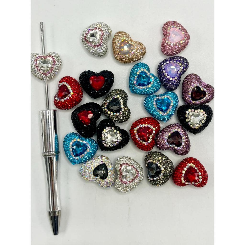 Sparkling Bling Bling Heart Clay Beads with Colorful Rhinestones, 20mm x 26mm