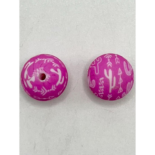 Printed Pink Cactus Silicone Beads, 15mm