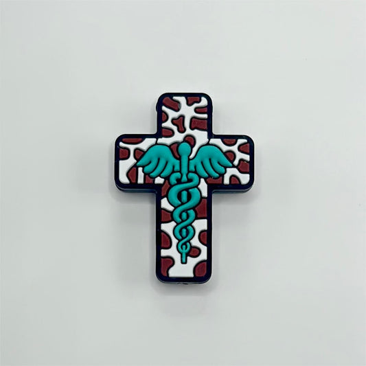 Medical Health Care Hospital Doctor Nurse Cross Cow Print Cross with Wings Religious Silicone Focal Beads