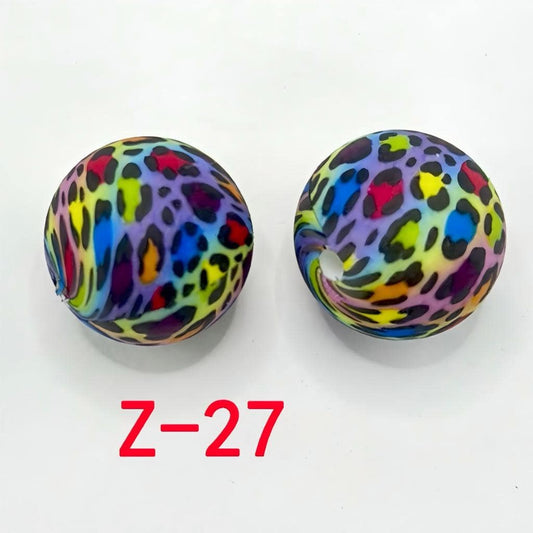 Round Printed Multi-Color Patterns with Small Black Spots Silicone Beads 15mm, Number Z-27