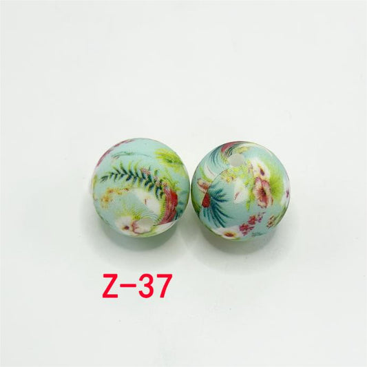 Green Leaves Patterns and Multi-Color Flowers Round Printed Silicone Beads 15mm, Number Z-37