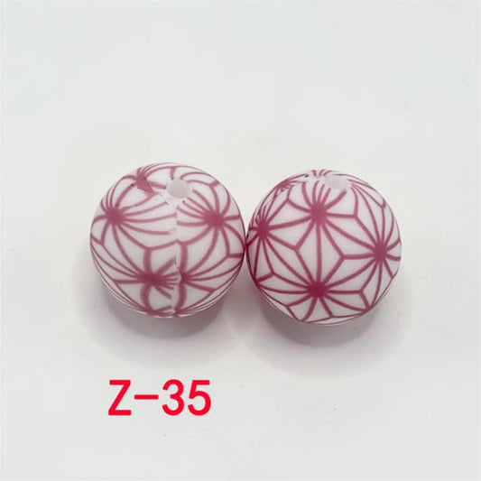 Adorable Six Diamond Petals Prints with Red Line Flower Round Printed Silicone Beads 15mm, Number Z-35
