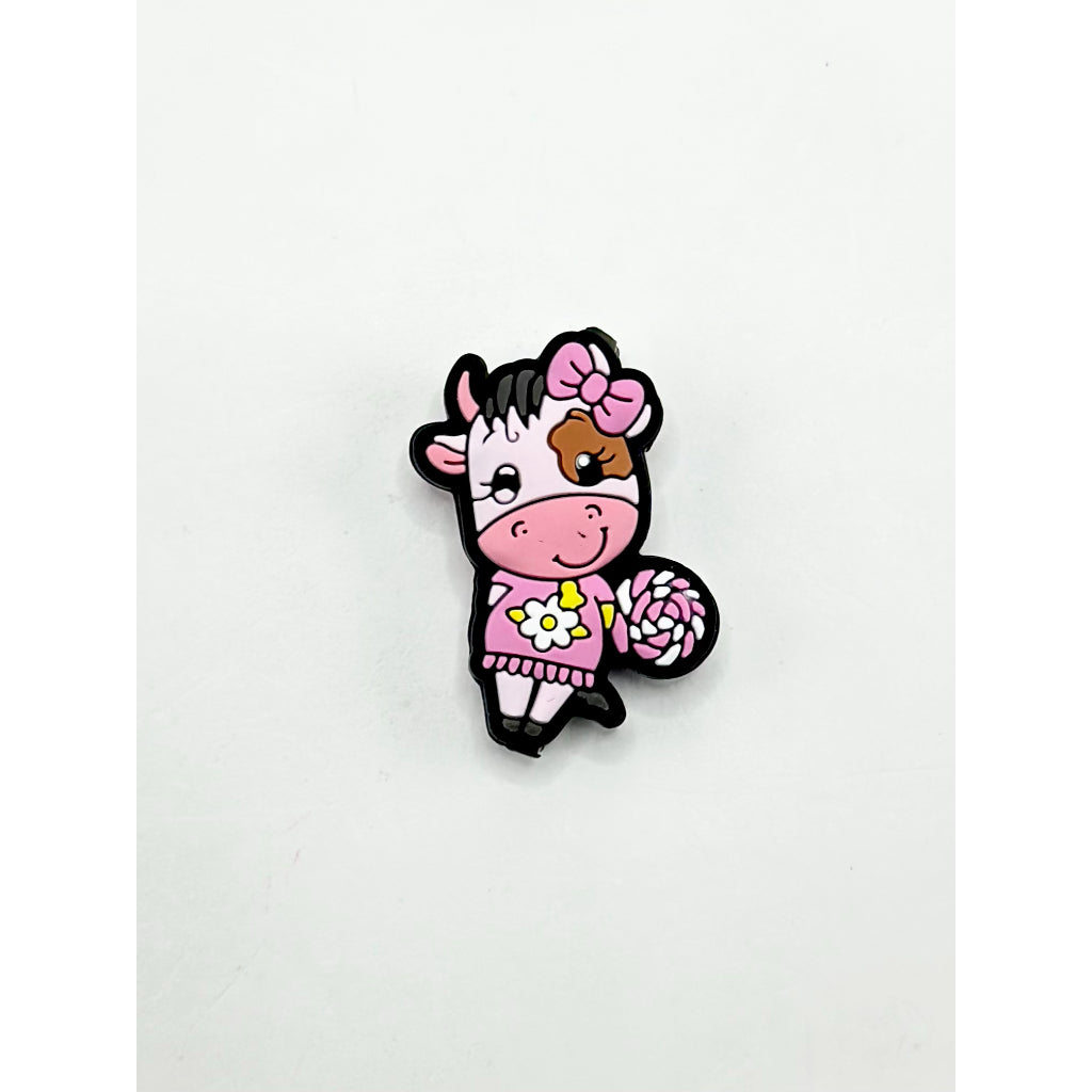 Calf Little Cute Cow with Bowknot and Pink Dress Silicone Focal Beads