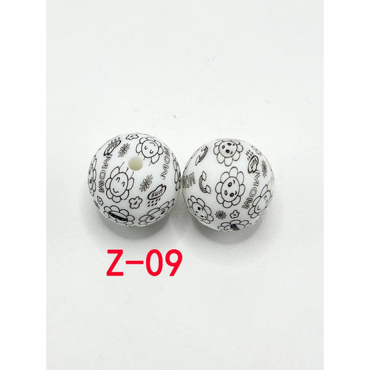 Sun Rainy Wow Design Flower Rainbow Round Printed Silicone Beads 15mm, Number Z-09