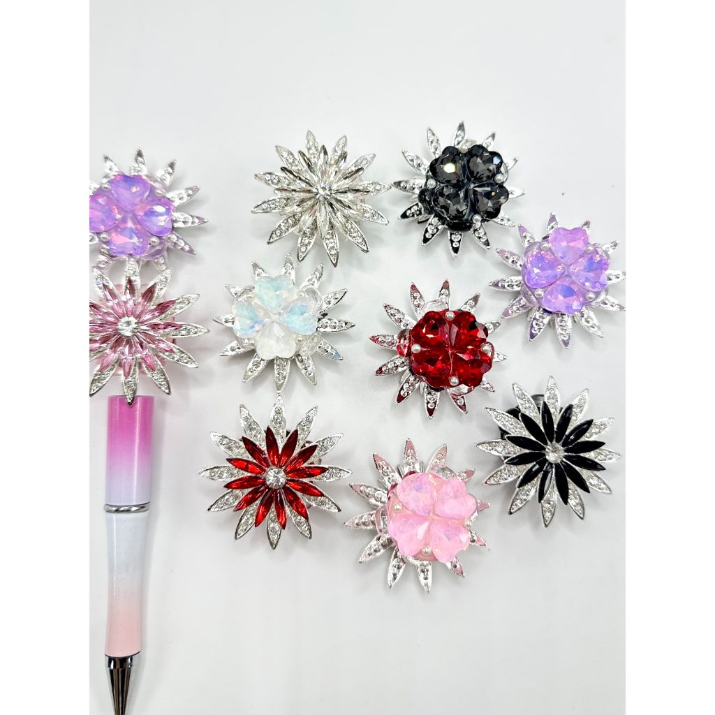 Alloy Acrylic Beads Silver Flower with Rotatable Flower Pearl Heart Rhinestone, Random Mix, 40MM