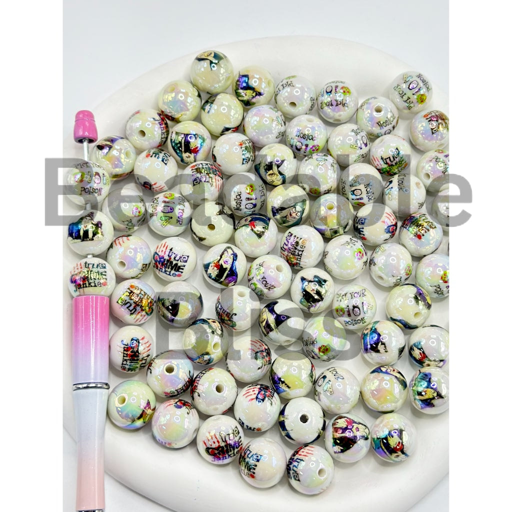 White UV Coating Acrylic Beads with Poison Prints, Random Mix, 16MM