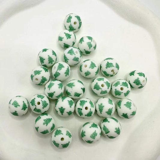 Round Printed Christmas Pine Tree Pattern Silicone Beads 15mm, Number Z-51