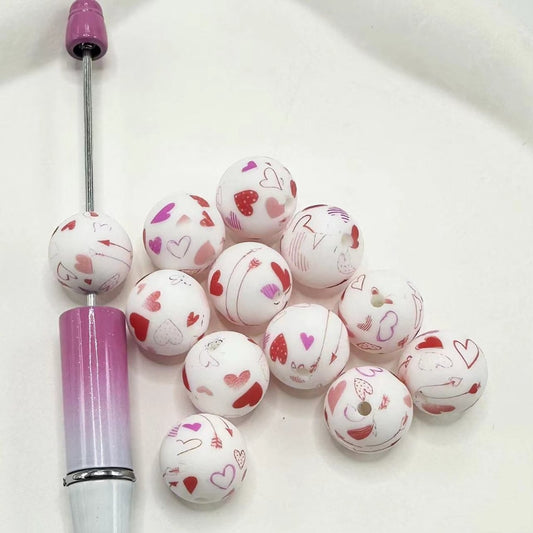 Round Various Heart Patterns Printed Silicone Beads 15mm, Number Z-52