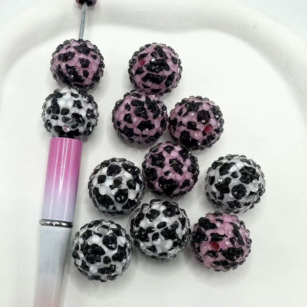 Cute Cow Printed with Clear Rhinestone Round Shape Acrylic Beads 20MM