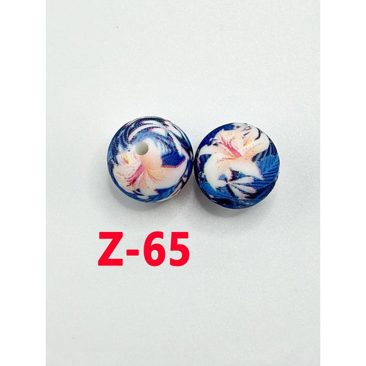 Round Printed Lilies On Coconut Tree Silicone Beads 15mm, Number Z-65
