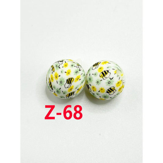 Flowers Round With Printed Cute Bees Silicone Beads 15mm, Number Z-68