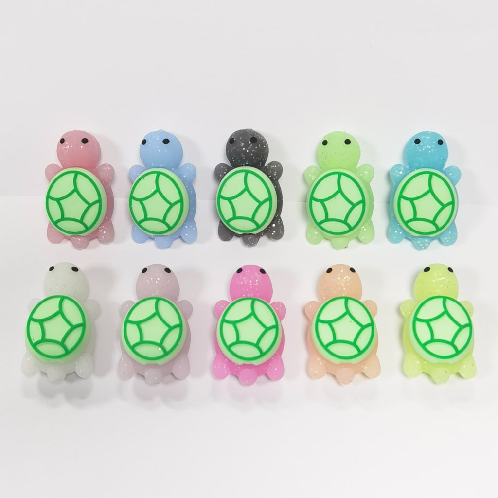 3D Luminous Glittery Cute Turtles, Turtle Beads, Glow in the Dark Tortoise Silicone Focal Beads, Random Mix