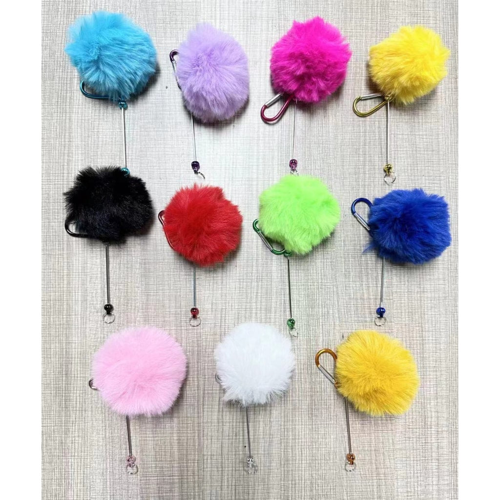 Beadable Carabiner Keychain with 8CM Fluffy Pom Pom Balls, Metal Bar Snap Ring Keyring, Random Mix